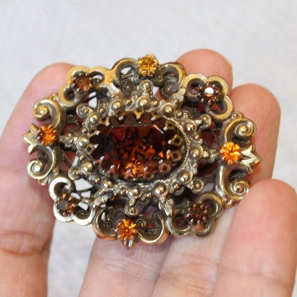 Vtg 80's Victorian Pendant & brooch Signed Hobe Had 20.7g Garnet Rhinestone - Picture 5 of 11